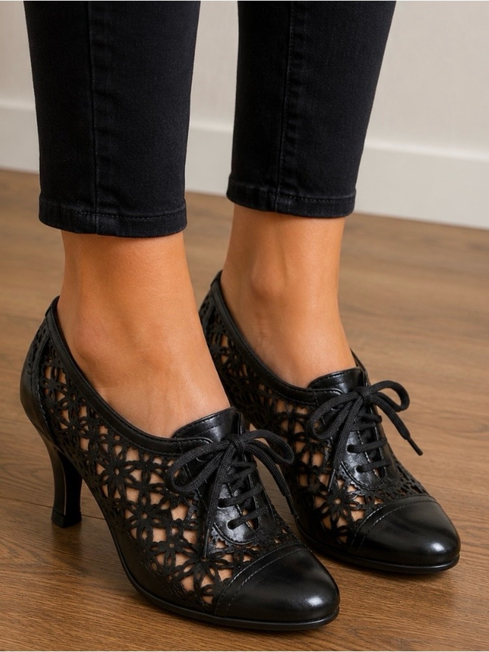 Sam Edelman Black Laser-Cut Lace-Up Women's 3 inch Heels